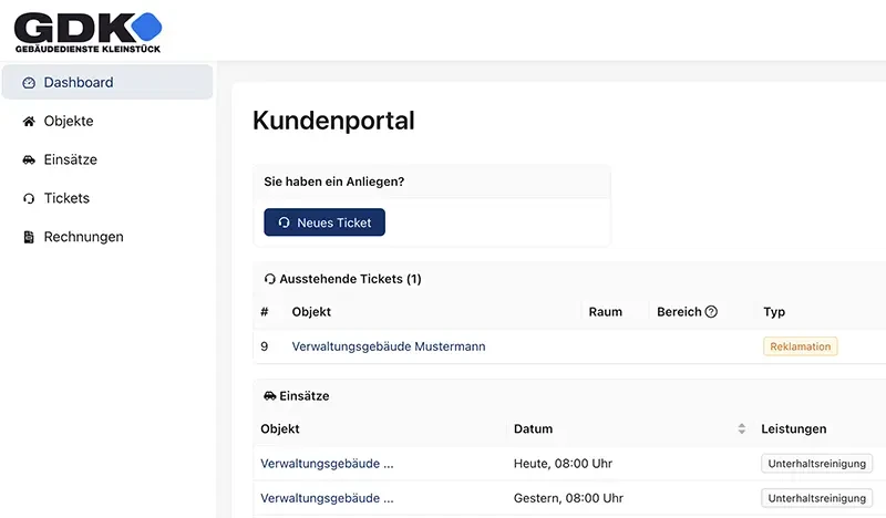 GDK-Kundenportal mit Übersicht über Objekte, Einsätze, Tickets und Rechnungen – Beispieldarstellung