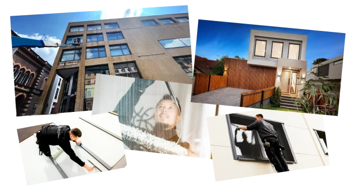 Collage mit Fensterfronten und Fensterreinigung